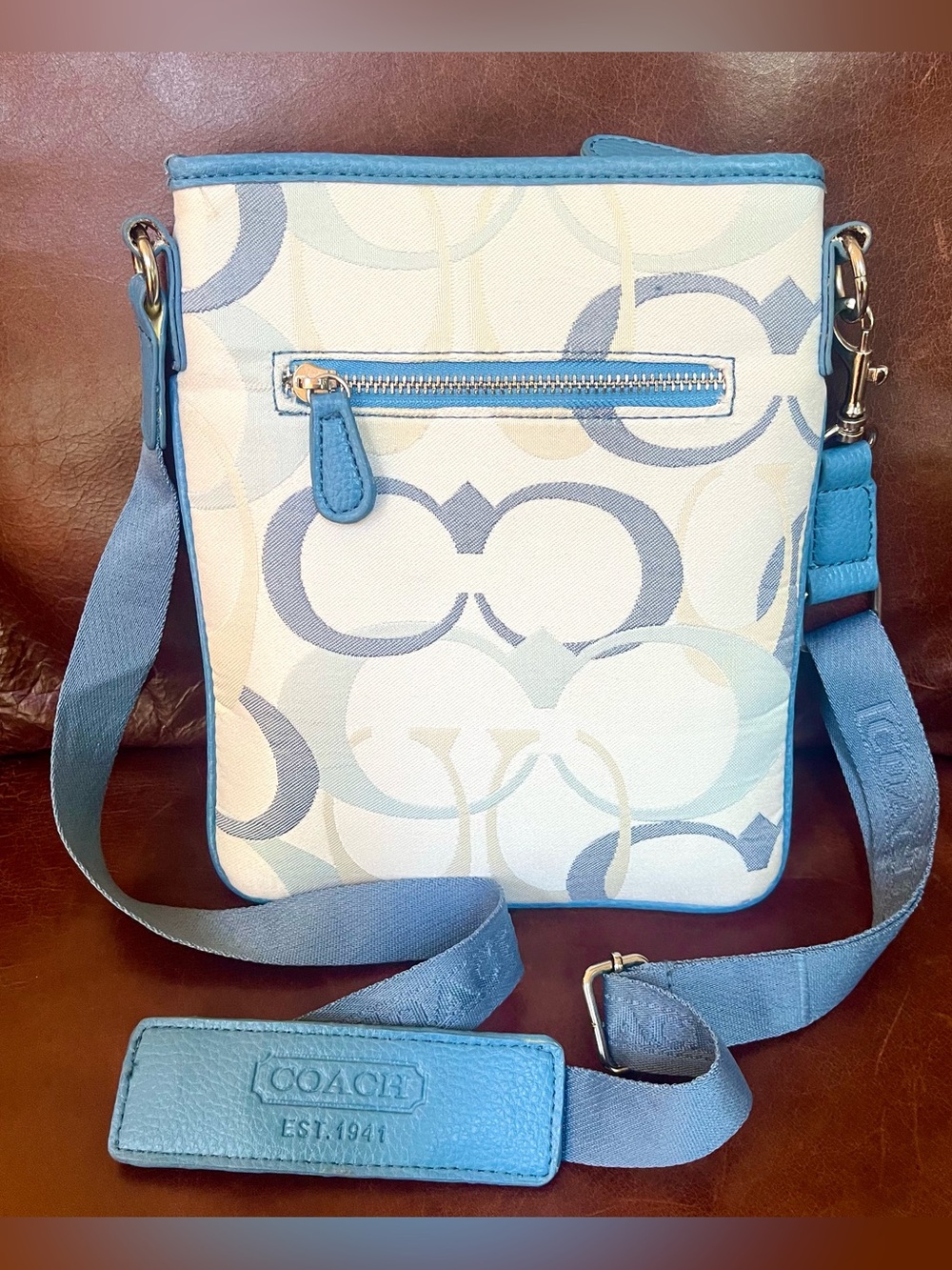 Coach Signature Monogram Logo Print Design Canvas Leather Trimmed Crossbody Bag - Picture 8 of 12